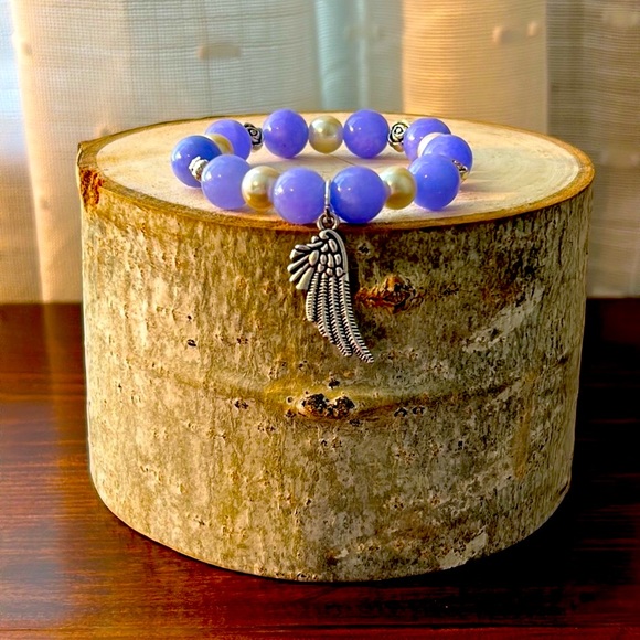 Handmade Natural Stone Angel Wing Charm Bracelet with Natural Angelite Stones! - Picture 3 of 3